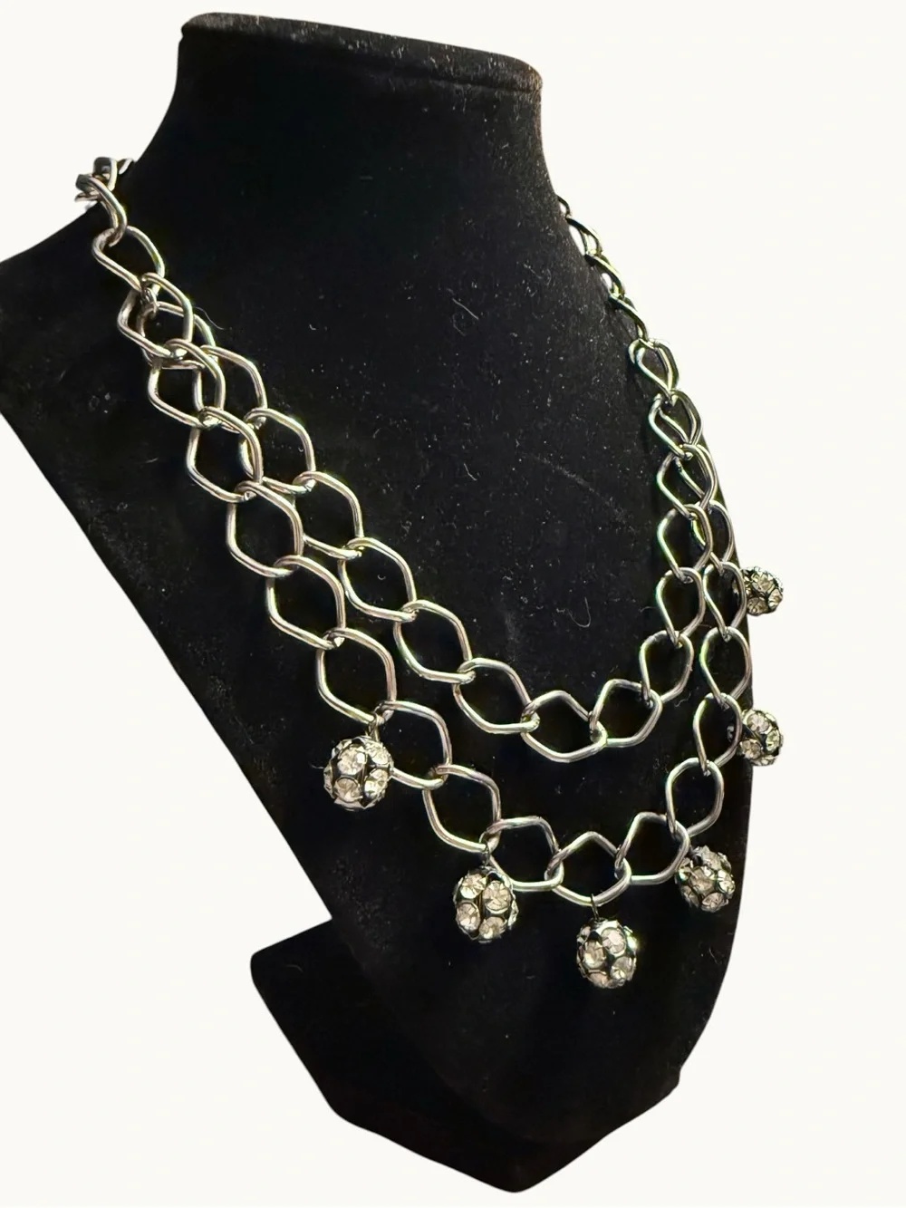 Double-Row Silver Necklace with Crystal Ball Charms